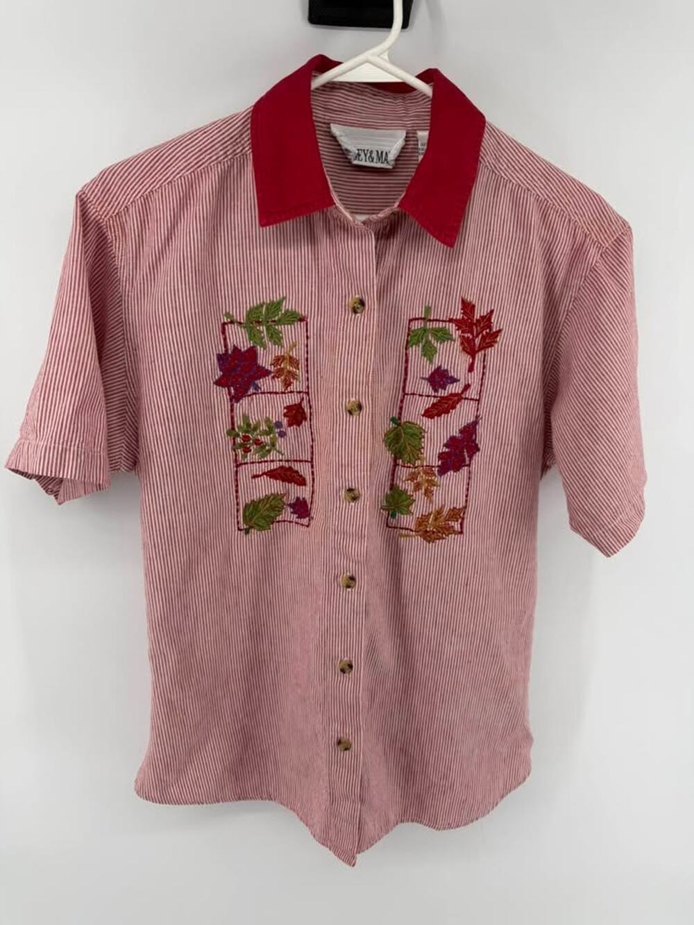 Vintage 90s Embroidered Fall Leaves Striped Grandmacore Button Up Shirt